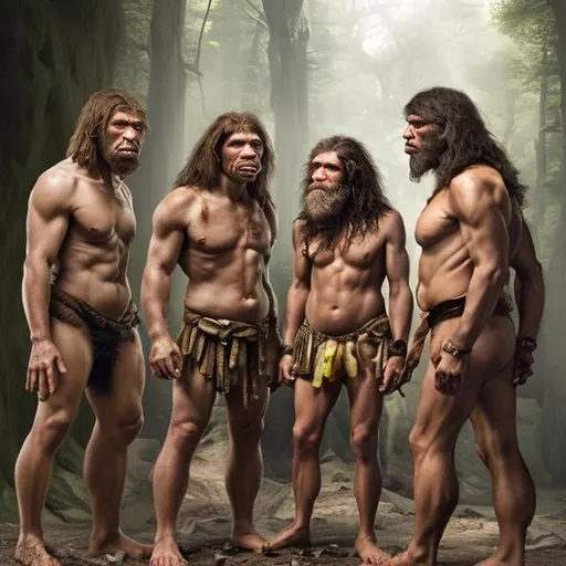 Prompt: Neanderthal men meets Homo sapiens