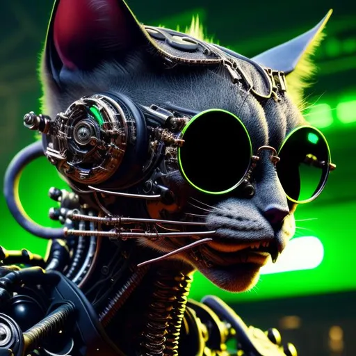 Prompt: portrait of a anthro "Punk Cat" with big Funky Eyewear, intricate, elegant, hyperdetailed, cybernetic, digital painting, artstation, concept art, biomechanical, sharp focus, illustration, greg rutkowski, anthropomorphic, fractal details in big green cat eyes, very striking, WLOP, Artgerm, ray tracing , DSLR, HDR