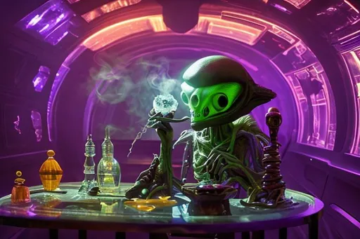 Prompt: overhead lighting, alien smoking a crystal bong,  fancy table , in an exotic space cantina