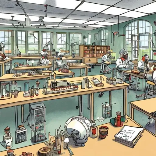 Prompt: **Image Prompt: Work is a Learning Laboratory**

**Description:** Create an image that visually captures the metaphor "Work is a Learning Laboratory." The image should convey the idea of the workplace as a dynamic environment for continuous learning, experimentation, and growth.

**Illustration:** 

1. **Laboratory Setting:** Depict a workplace scene reminiscent of a laboratory, with elements such as lab benches, scientific equipment, and researchers in white lab coats. This establishes the connection between the workplace and a place of learning and experimentation.

2. **Knowledge Exploration:** Show employees engaged in various learning activities, such as reading books, attending workshops, or collaborating in training sessions. Illustrate how the work environment fosters an atmosphere of curiosity and exploration.

3. **Experimentation and Innovation:** Integrate symbols of experimentation and innovation, such as test tubes, beakers, and innovative ideas displayed on chalkboards or digital screens. This highlights the workplace as a space where novel ideas are encouraged.

4. **Collaborative Learning:** Feature employees engaged in group discussions, brainstorming sessions, or working together on projects. This emphasizes the importance of collaboration and shared knowledge in the learning laboratory of work.

5. **Feedback and Reflection:** Show scenes of employees receiving feedback from mentors, supervisors, or peers, and moments of self-reflection. This portrays the iterative process of learning and improvement.

6. **Skills Development:** Depict employees actively practicing and honing various skills, such as problem-solving, communication, and technical abilities. This showcases the diverse skill set cultivated within the learning laboratory of work.

7. **Innovation Evidences:** Showcase instances of successful innovations or achievements resulting from the learning laboratory environment. This could be represented by awards, accolades, or tangible outcomes of employee efforts.