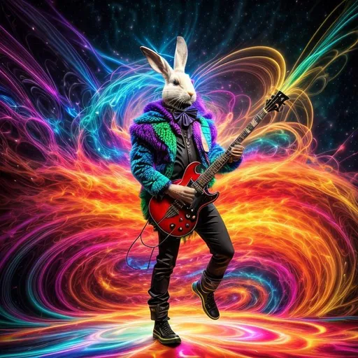 Prompt: beautiful swirl dark chaos vivid bold, 3D, HD, [{one}({liquid fluffy!!! {man}rabbit dressed as Guitarist with {Red Blue green dark-purple}plasma)[::2, expansive psychedelic background --s99500 