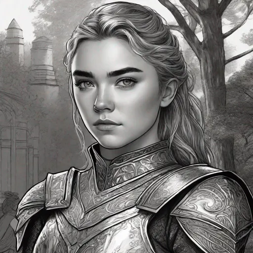 Prompt: Florence Pugh as a young elf knight in silver armor. Pointed ears. She wields a two handed sword. well draw face, detailed. In background a southern Plantation. Changeling the Dreaming art. Rpg art. 2d art. 2d. well draw face. Detailed. 