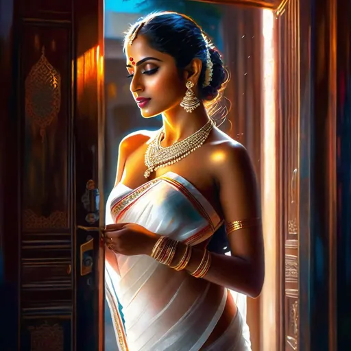 Prompt: Hyperrealistic hyperdetailed HDR potrait picture in
 bright lighting, a hot poster with woman  standing and holding door open, bare back, transparent wet white saree, bindi and bangles and mangalsutra, zoomed out, full body, detailed facial expression, inviting look, sexual tension, no blouse, visible arousal