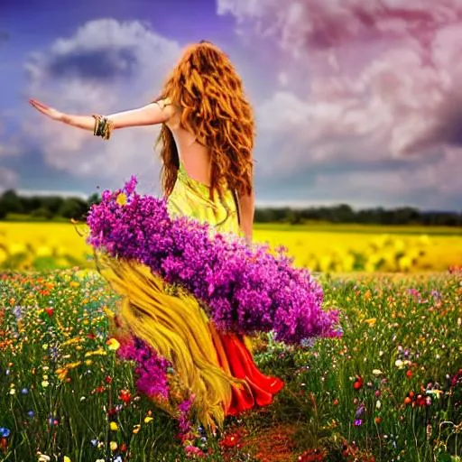 Prompt: Goddess with back to camera wearing intricate dress walking in field of flowers. Vibrant colors. Flowing hair by Greg rotkowski
