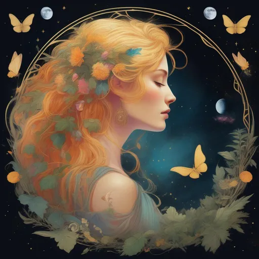 Prompt: A profile beautiful and colourful picture of Persephone with pure gold hair surrounded by plants, moths and animals framed by the moon and constilations