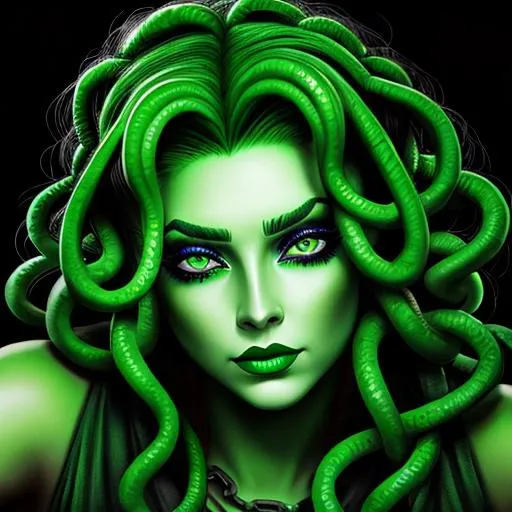 Prompt: Medusa-A woman all in green,  large green eyes, pretty makeup