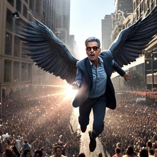 Prompt: biblically accurate angle as Jeff Goldblum flying among a crowd of people and light shining down on him and he has wings, realistic