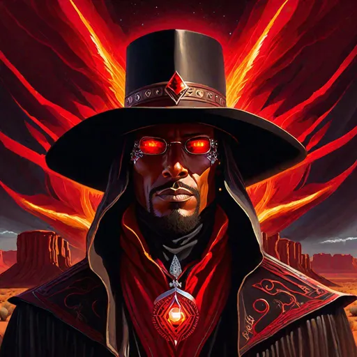 Prompt: "The evil wizard, in the style of Jordan Grimmer, deviantart, gouache, hyperrealism, lens flare, flickering light, aetherpunk, deep color"
"Cyber Cowboy with 4 Arms, fiery red Poncho, Dressed in black duster and Stetson Cowboy Hat, with Red eyes, Haunting Presence, Intricately Detailed, Hyperdetailed, Desert Wild West Landscape, Dusty Midnight Lighting, Wild West Feel,