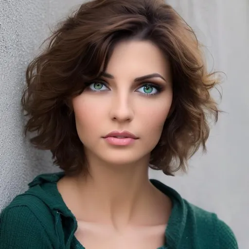 Prompt: an image of a brunette serbian type woman with short hair, green eyes