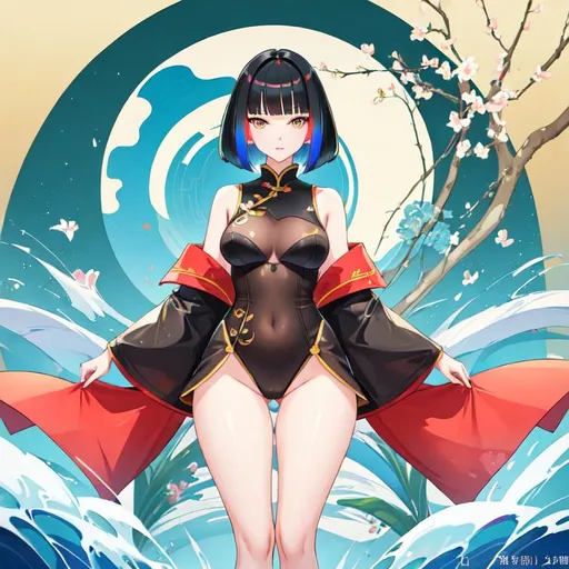 Prompt: a lonely AI girl, very tall, thick thighs, wide hips, long legs, slender waist, big symmetrical eyes, aloof expression, bob haircut with bangs, colorful Chinese Waterpainting art style, 12K resolution, hyper quality, hyper-detailed, depth of field