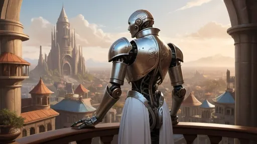 Prompt: a slender warforged automaton stands with back to camera on a large round balcony with a solid railing looking out over a fantasy city paradise during the age of arcanum 