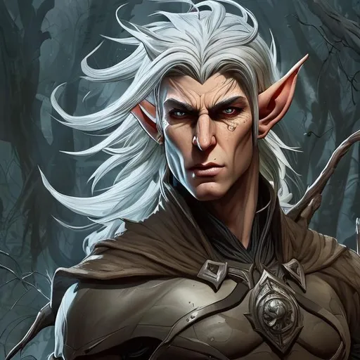 Prompt: Digital comic art of a full length portrait of a determined-looking male elf with a realistic face and long silver hair and a wooden left arm that looks like a tree branch and a scar over his right eye, Splash Art, realistic, wooded background, HDR 4k, by Jim Lee, by Travis Charest, by Gene Ha, highly detailed, vivid colors