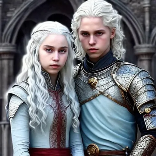 Prompt: Targaryen prince sisters brothers, pale skin, silver, platinum, or gold hair and eyes or light blue, strikingly beautiful, dark red medieval royal clothes