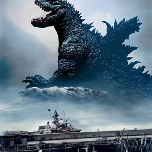Prompt: godzilla rams into the weapon 
