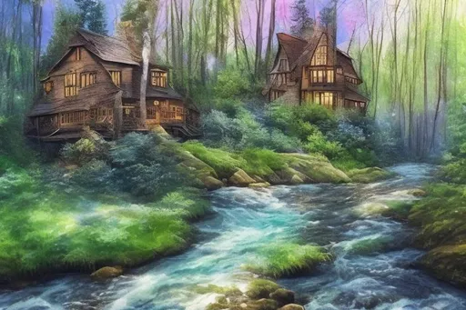 Prompt: beautiful sunny forest nature creek house surrounded by trees with lots of bright shining stars Watercolor masterpiece painting of flowing floating ethereal, the most beautiful thing you've ever seen, nature - colored watercolors, watercolor, paint drip, wet brush, paint splash, centered, full-screen, smooth, perfect, trending on artstation












