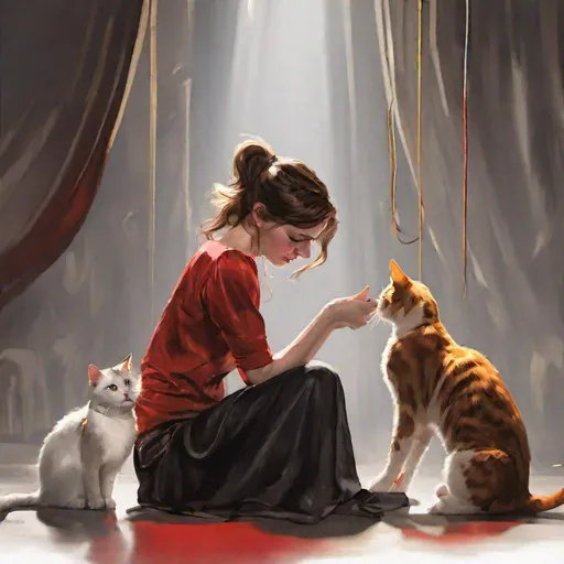 Prompt: a realistic photo of a crying 25 years old woman human with shoulder-length brown hair,  forward with her legs dangling over the edge of the stage which is lit in red and gold, she is staring sadly into her lap while a cat approaches her from her left and the cat touches her arm with his paw. The cat's colors are black and white with cow pattern but it is translucent like a ghost. high resolution. 4k. realistic. 
victorian