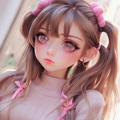 Prompt: Gorgeous woman, beautiful, semi realistic anime style, long brown hair in pigtails, sparking brown eyes, full lips, petite body, full body shot, wearing cute pastel clothing, 