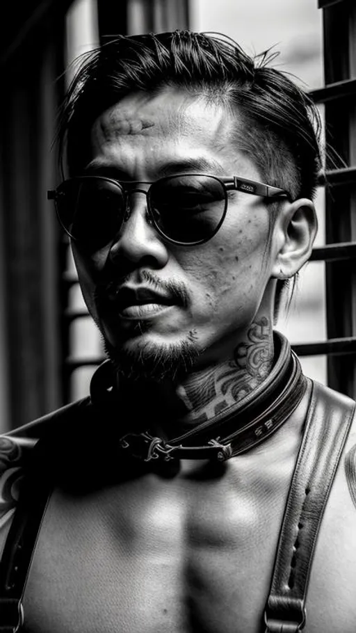 Prompt: Sensual, tattooed, shirtless, rustic japanese man, wearing sunglasses and a intricate leather harness, in an abandoned place near a window, cinematic, close-up portrait, grayscale, hyperrealistic, hyperdetailed, ambient light, perfect composition, provocative, textured skin, high contrast, profile portrait.