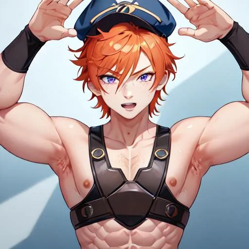 Prompt: Erikku male (short ginger hair, freckles, right eye blue left eye purple) muscular, UHD, 8K, Highly detailed, insane detail, best quality, high quality. hands in the air, wearing a sideways baseball cap