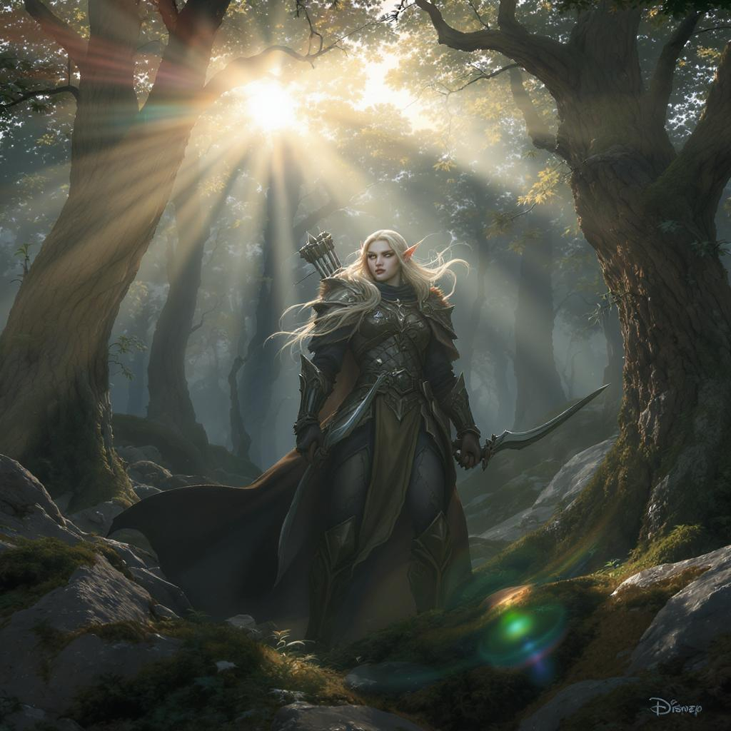 Elf ranger in a mystical forest around sunlight