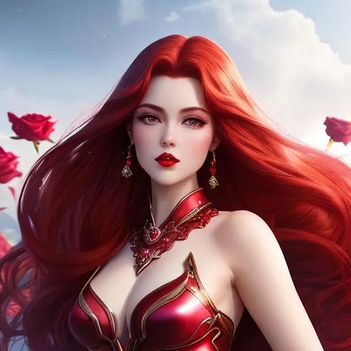 Prompt: A surreal landscape of a rose, wearing soft petal armor, with very fair complexion, red gloss lips, rosy cheeks, red lips, voluminous auburn hair, stylized CGI, fantasy genre, woman.