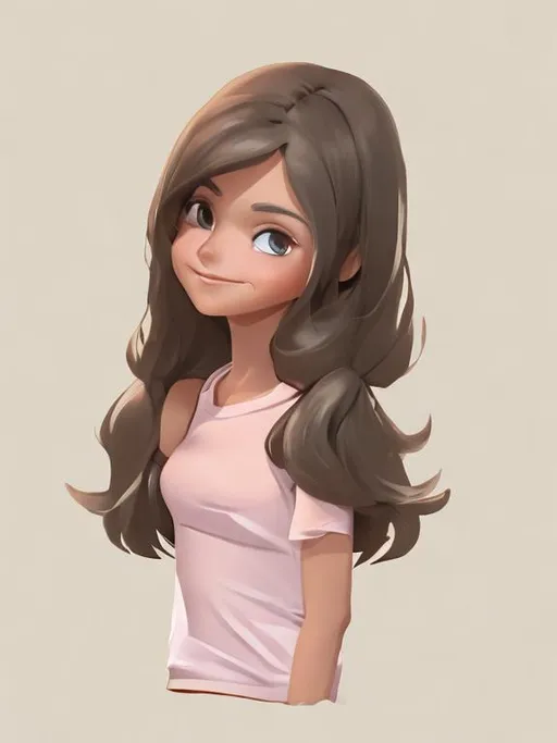 Prompt: digital art of a brunette with a light pink top looking over her shoulder with brown eyes