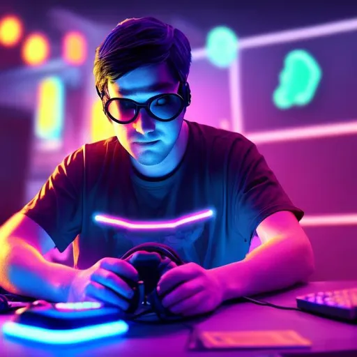 Prompt:   Father gamer neon profile picture with blured gamer setup background 
