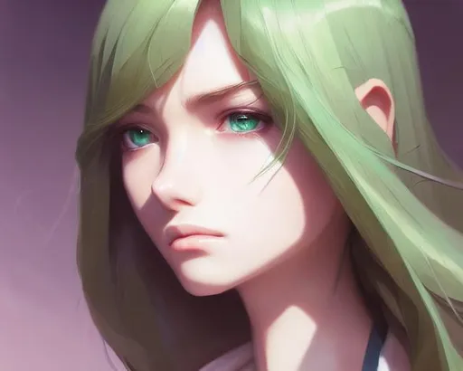 Prompt: Closeup face portrait of a woman smooth soft skin, big dreamy eyes,  very short spiky brown hair, symmetrical, anime big wide green eyes, soft lighting, detailed face, by makoto shinkai, stanley artgerm lau, wlop, rossdraws, concept art, digital painting, looking into camera
