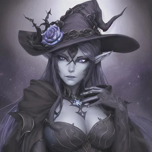 Prompt: A beautiful D&D character portrait, dark fantasy, detailed, realistic face, digital portrait, fiverr dnd character. Of a beautiful Tiefling woman with blue skin, tattoos of star constellations on her face and hands, one bright pale blue eye on the left, and a dare black eye with a golden cross. She is wearing a witch's robe and hat with the underside of the hat having a star constellation on it. Leather armor and Amethyst Cloak A dazzling purple and black sewed cloak studded with amethyst gems.