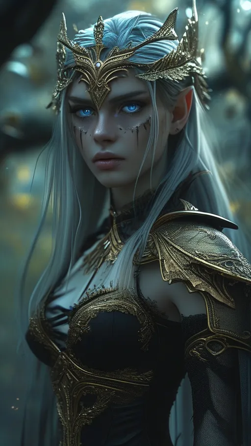 Prompt: Full depiction of a (unaturally beautiful elf woman) Valkyrie character, wearing a (long flowing gown with intricate lace details) and (high heel armored boots), in a dark haunted forest, intense blue serious eyes, dark shadows enhance her elegance, hopeful ambiance, highly detailed features, (HD) quality, magical atmosphere, magical illumination, surrounding in the air, subtle gold illuminations in the dark forest