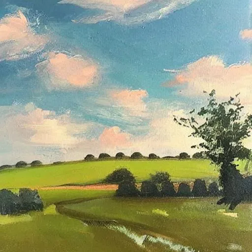 Prompt: Please create a neutral acrylic type painting in a more soft classic style of the pastoral countryside. Please only include the painting itself. Please include pretty skies