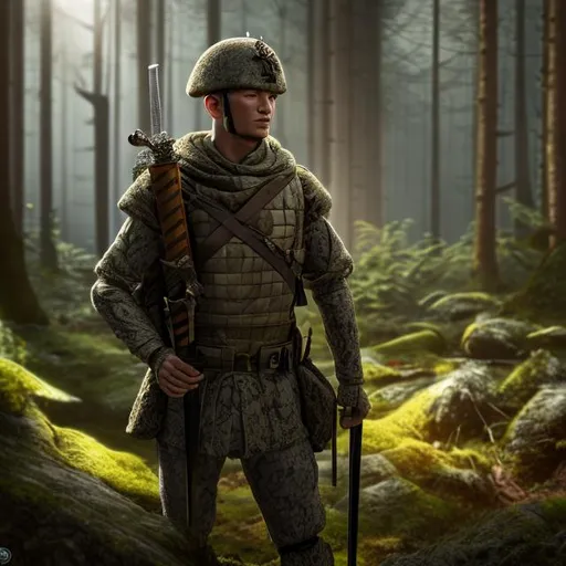Prompt: royal solider standing in the forest holding a sword, with shadows, ultra-detail 4k