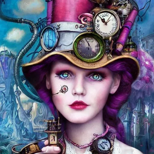 Prompt: Alice in Wonderland seeing the modern world through a magical mirror, Very detailed female, steampunk city, d & d, fantasy, beautiful face, hyperrealism delicate detailed complex, sophisticated, vibrant colors, volumetric lighting, pop surrealism art,