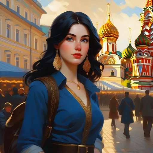 Prompt: Third person, gameplay, Russian girl, pale skin, black hair, freckles, sapphire eyes, 2000s, Moscow, golden atmosphere, cartoony style, extremely detailed painting by Greg Rutkowski and by Henry Justice Ford and by Steve Henderson 