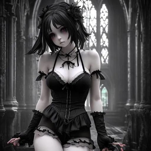 Prompt: beautiful gothic loli waifu in tattered lingerie, crying, standing, black and white charcoal sketch, high resolution 3d render, 64k skin texture, unreal engine 5, high octane scan, hdri preset, bokeh