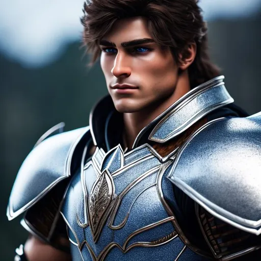 Prompt: Handsome Man, Detailed Blue eyes, Long Brown Hair, Muscular, Warrior, In very detailed silver armor ((2k, 4k, 8k)) Full Body, Warrior, at Night, hyperrealism, best quality