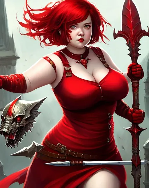 Prompt: red dress, short hair, Crimson hair, curvy, long spear, realistic face, chubby