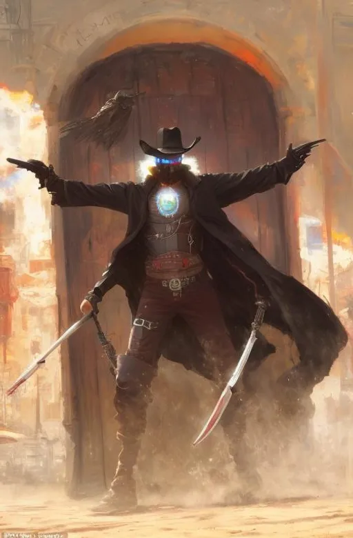 Prompt: Cyber Cowboy with 4 Arms, fiery red Poncho, Dressed in black duster and Stetson Cowboy Hat, with Red eyes, Haunting Presence, Intricately Detailed, Hyperdetailed, Desert Wild West Landscape, Dusty Midnight Lighting, Wild West Feel