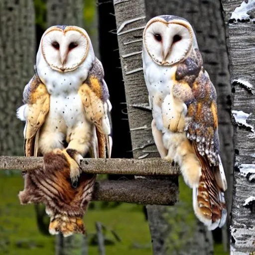 Prompt: majestic barn owl preening its partner on a birch tree
