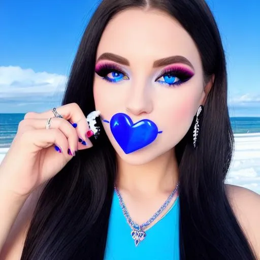 Prompt: Katy Perry eating ice cream, blue lipstick, snowy beach, blue heart necklaces, pleasant face, blue eyes, Black-purple eyeshadow, long ice earrings. Cold color scheme, ultradetailed, 8k resolution, perfect, smooth, high quality, shiny. 