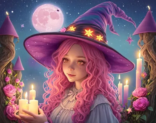 Prompt: witch with wavy pink hair, wearing witch hat, cute, flowers, aesthetic, fairycore, disney, pixar, moon, stars, witchcraft, in a starry pastel sky, garden, sweet, dreamy, artstation, highres, realistic, an altar with candles, glittering, colorful, vibrant, detailed