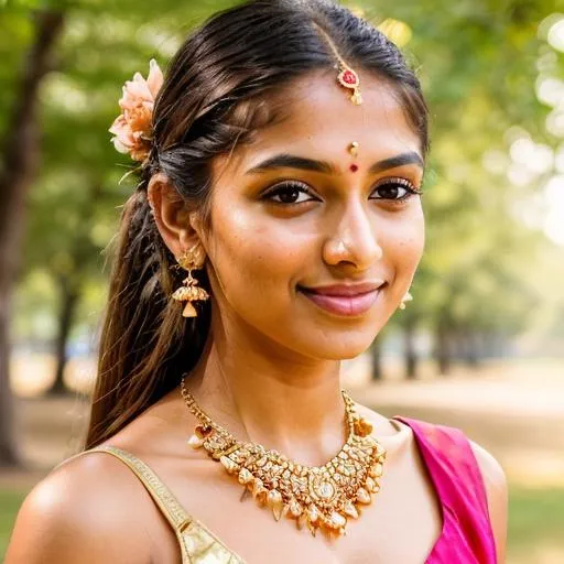 Prompt: ((Golden Dress)), Gorgeous Indian ((skinny)) girl in a park, pretty, cute 🥰, ((one eyes Winking)),  centered in frame,close-up, ultra realistic, natural lighting, background having trees with pink flowers , drop type earrings, thin gold necklace, pony tail hairstyle, long hair, rose flower in hair