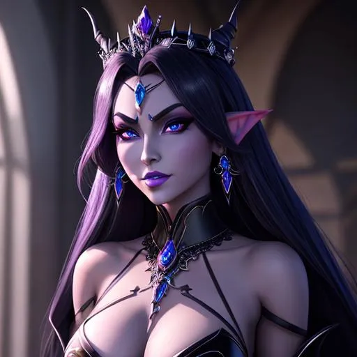 Prompt: Next Disney villian is a dark elf queen, more beautiful than any Disney princess, intricately jeweled facial art, strappy heals, plunging neckline, mischievous anime face, Disney animation, high quality painting, 8k, uhd