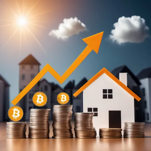 Prompt: a house with a bitcoin on top of it next to stacks of coins and a house model, Edi Rama, futurism, future, a stock photo, a chart arrow going up  