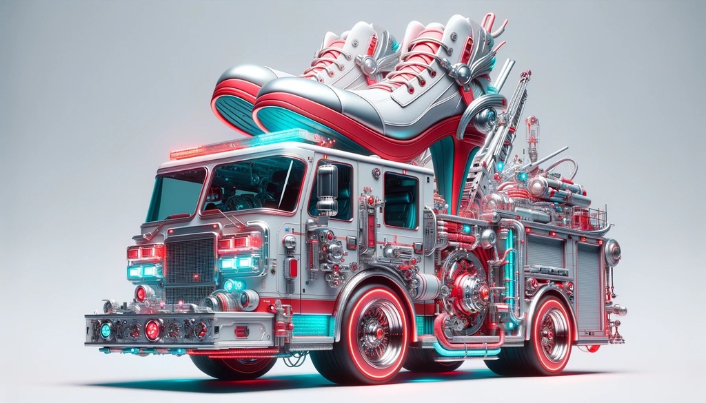 Prompt: 3D render illustrating a futuristic glamour digital representation of a fire engine with light silver and red tones, influenced by anime and hints of shoe painting, predominantly in red and cyan.