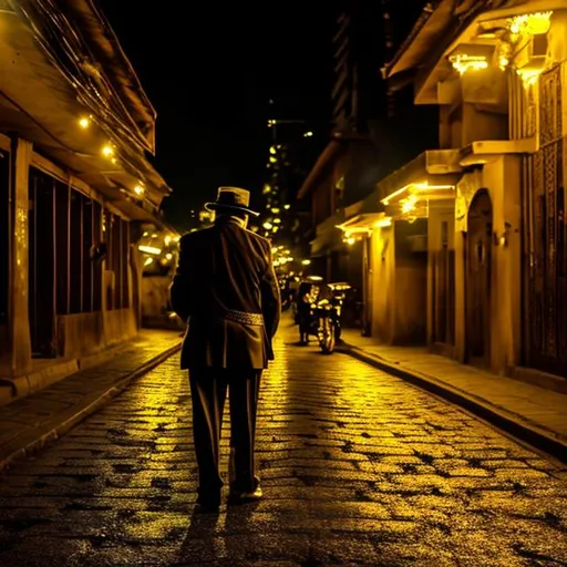 Prompt: an old man made of gold,  his back to the camera, night lights,