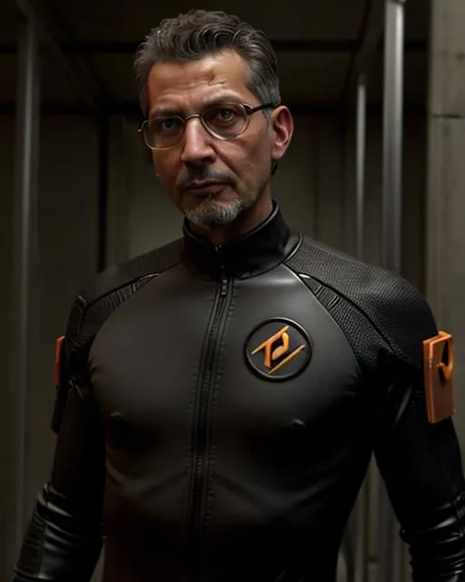 Prompt: Jeff Goldblum as Gordon Freeman from Half Life, Hazard Suit (Half Life)