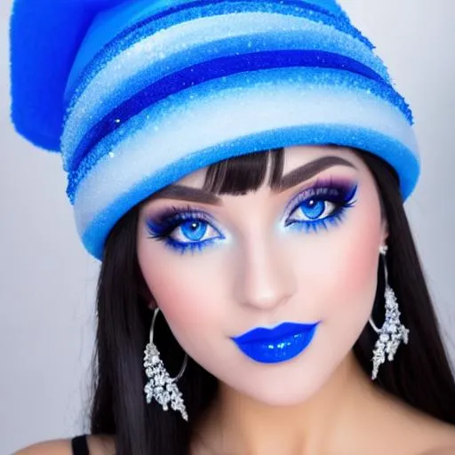 Prompt: Jennifer lopez eating 2 foot blue frosty ice cream cake , inside cavernous bakery,  blue lipstick, pleasant face, blue eyes, Black eyeshadow, Sugar Hat, extremely large ice earrings. Wide Blue heart necklaces, Cold color scheme, ultradetailed, 8k resolution, perfect, smooth, high quality, shiny. 