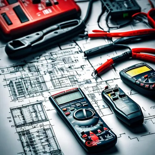 Prompt: I need a background image for electrical Engineering posts on Instagram. The image shoud be 1080x1350 pixels. A clear image showing multimeter and other electrical tools and Electronic componentes and blueprints over a workbench.