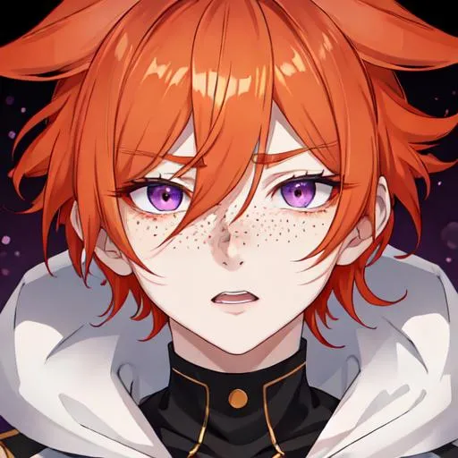 Prompt: Erikku male adult (short ginger hair, freckles, right eye blue left eye purple) UHD, 8K, Highly detailed, insane detail, best quality, high quality,  anime style, in purgatory, yelling, upset